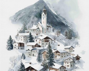 Watercolor Snowy Winter Village, Digital Art Print / Instant Download Printable ArtCommercial Use
