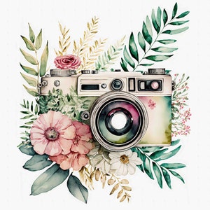 Aquarell Floral Kamera Digital Art Print / Sofortiger Download druckbare Kunst Kommerzielle Nutzung