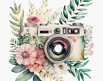 Watercolor Floral Camera Digital Art Print / Instant Download Printable Art Commercial Use