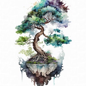 May include: Watercolor painting of a bonsai tree growing on a floating rock with a green, blue, and purple background.