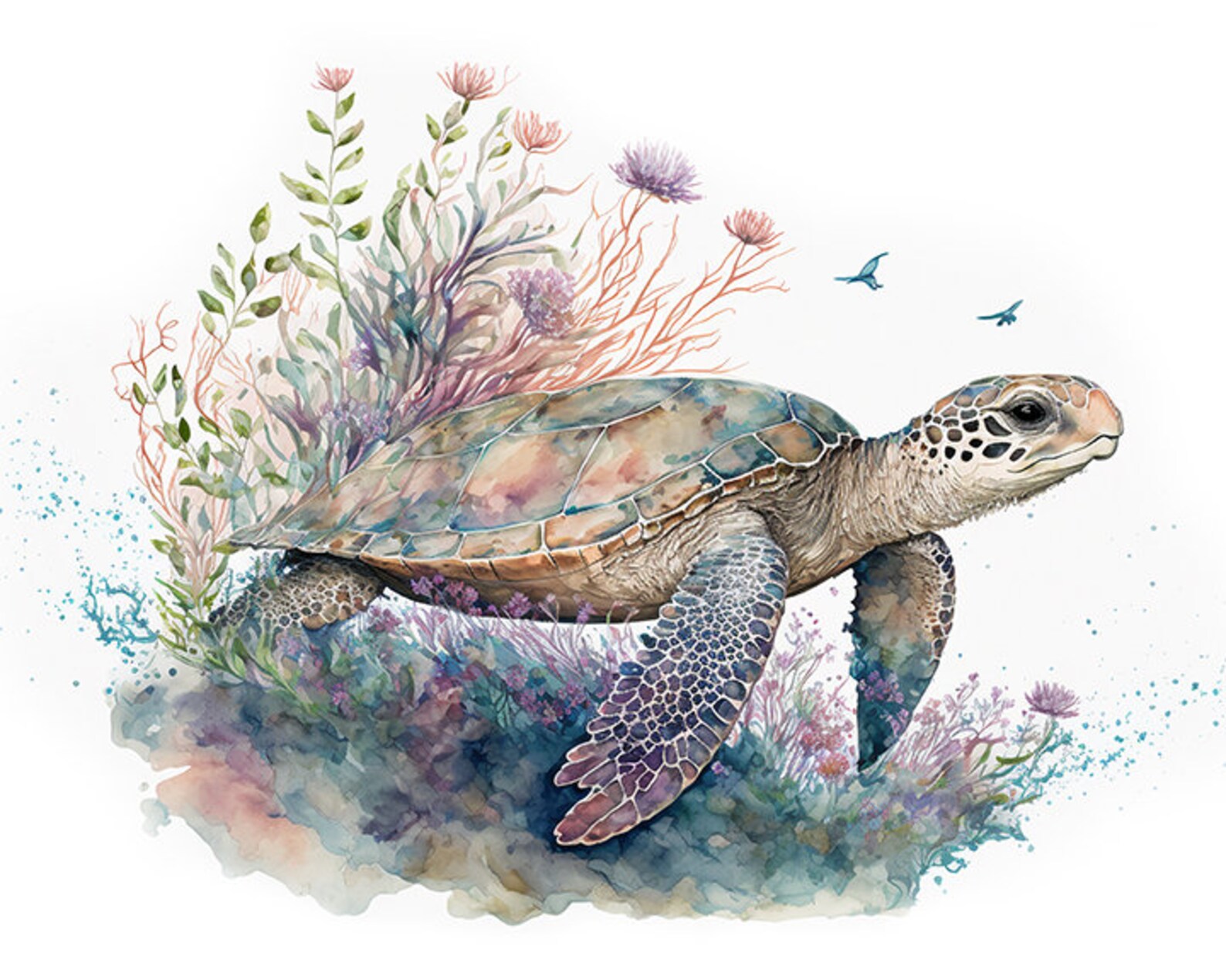 Watercolor Floral Sea Turtle Digital Art Print / Instant Download ...