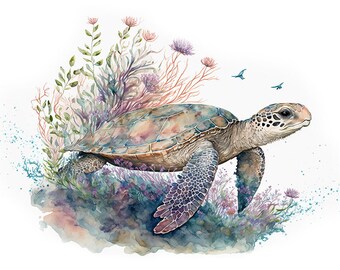 Watercolor Floral Sea Turtle Digital Art Print / Instant Download Printable ArtCommercial Use