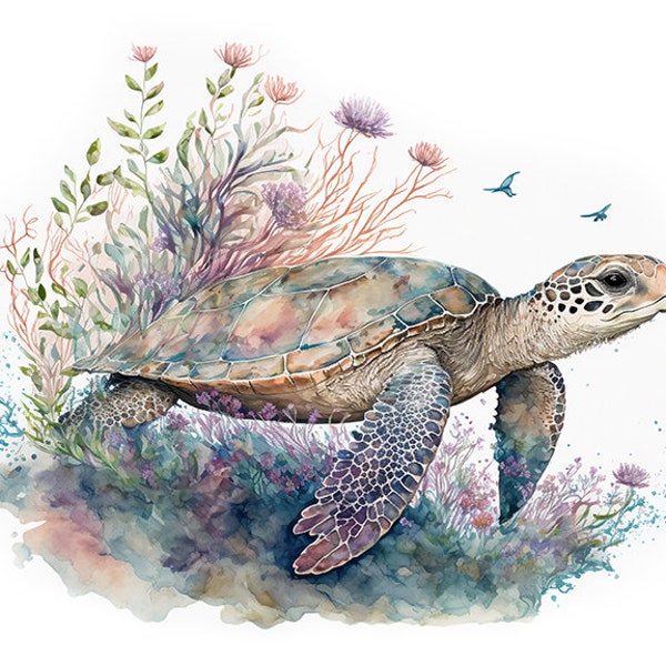 Watercolor Floral Sea Turtle Digital Art Print / Instant Download Printable ArtCommercial Use