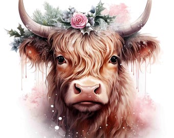 Watercolor Highland Christmas Cow Art Print, Floral Baby Animal (Digital Download)