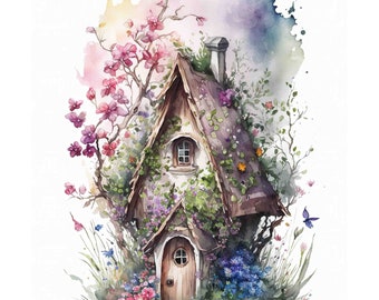 May include: Watercolor painting of a small cottage with a brown roof and a stone exterior. The cottage is surrounded by lush greenery and colorful flowers, including pink, blue, and purple blooms. The cottage has a small window and a wooden door with a round window.