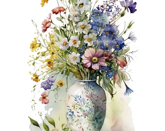 Watercolor Wildflower Bouquet Print, Botanical Art (Digital Download)
