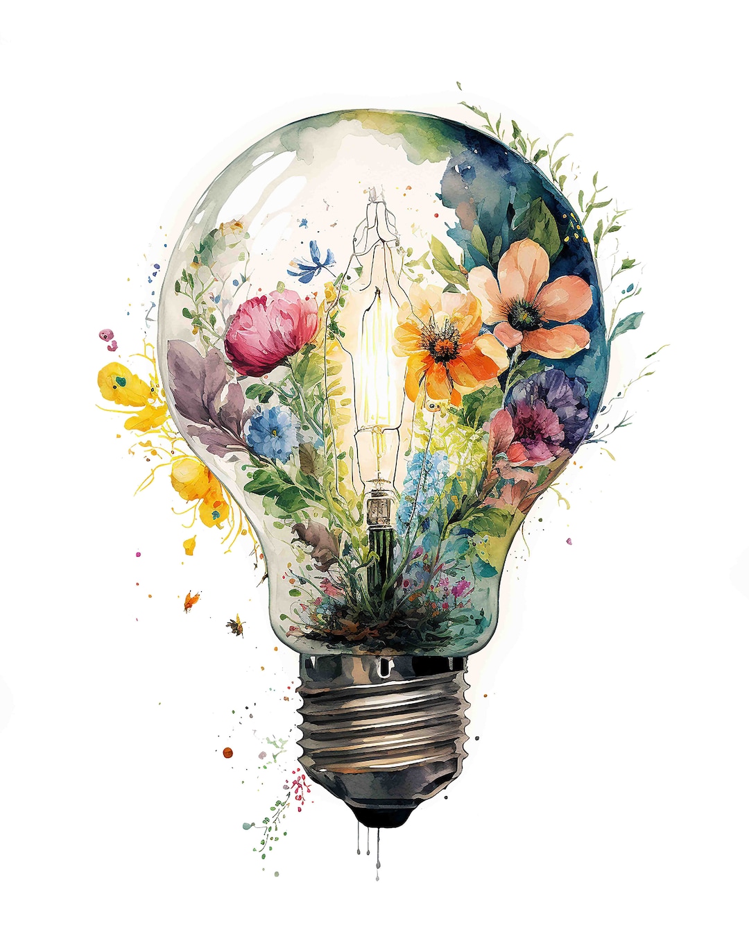Watercolor Floral Lightbulb Digital Art Print / Instant Download