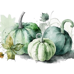 May include: Three green pumpkins with watercolor painted details. The pumpkins are arranged in a cluster with leaves and splatters of paint in the background.