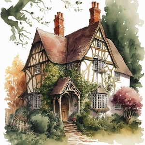 Watercolor Country Cottage Digital Art Print / Instant Download Printable ArtCommercial Use