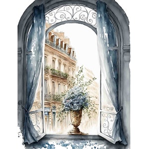 Watercolor Paris Window vignette Digital Art Print / Instant Download Printable ArtCommercial Use