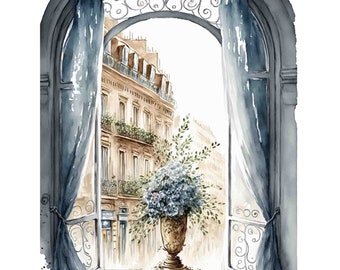 Watercolor Paris Window vignette Digital Art Print / Instant Download Printable ArtCommercial Use