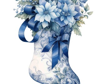 Watercolor Blue Christmas Stocking, Winter Holiday Digital Art Print / Instant Download Printable Art Commercial Use