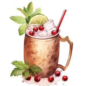 Watercolor Christmas Moscow mule Cocktail Digital Art Print / Instant Download Printable Art Commercial Use