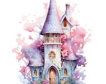 May include: A watercolor painting of a whimsical, light blue and gray tower house with a pointed roof and a brown door. The house is surrounded by pink and purple flowers and a watercolor background.