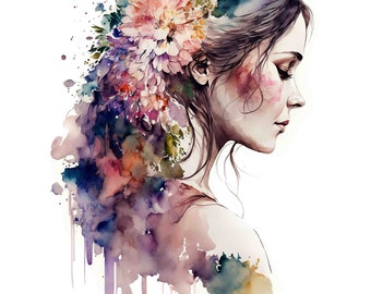 Watercolor Floral Woman Portrait Digital Art Print / Instant Download Printable ArtCommercial Use