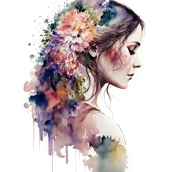 Watercolor Floral Woman Portrait Digital Art Print / Instant Download Printable ArtCommercial Use