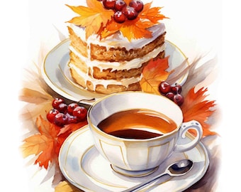 Watercolor Fall Breakfast Art Print, Coffee Cup & Leaves (Digital Download)