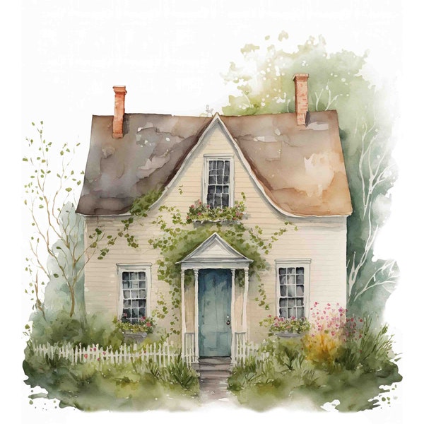 Watercolor Country Cottage Digital Art Print / Instant Download Printable ArtCommercial Use