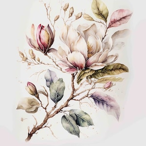 Watercolor Pink Magnolia Flower Digital Art Print / Instant Download Printable ArtCommercial Use