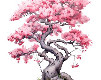 Watercolor Bonsai Cherry Tree, Nature Digital Art Print / Instant Download Printable Art Commercial Use