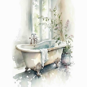 Watercolor Beautiful Bathtub Vignette,  Digital Art Print / Instant Download Printable Art Commercial Use
