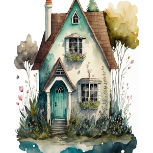 Watercolor Country Cottage Digital Art Print / Instant Download Printable ArtCommercial Use