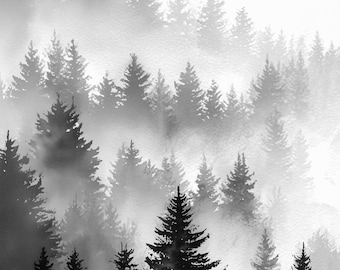 Watercolor Foggy Forest Digital Art Print / Instant Download Printable Art Commercial Use