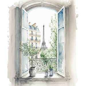 May include: A watercolor painting of a window with an open view of the Eiffel Tower in Paris, France. The window is framed by a white windowsill and has two open windows with a view of the Eiffel Tower and a Parisian building. There are two potted plants on the windowsill.