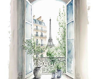 Watercolor Paris Window Spring vignette Digital Art Print / Instant Download Printable ArtCommercial Use