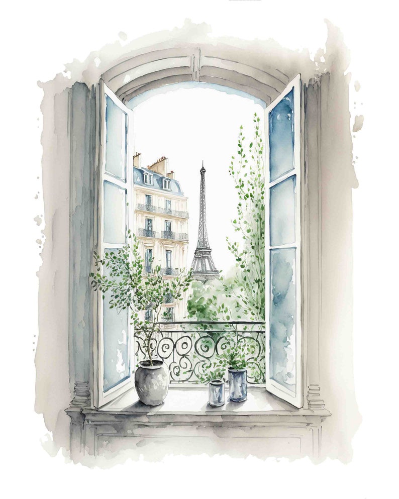 May include: A watercolor painting of a window with an open view of the Eiffel Tower in Paris, France. The window is framed by a white windowsill and has two open windows with a view of the Eiffel Tower and a Parisian building. There are two potted plants on the windowsill.