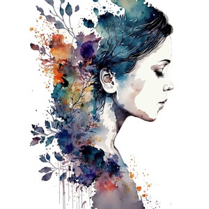 Watercolor Floral Woman Portrait Digital Art Print / Instant Download Printable ArtCommercial Use