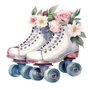 Pode incluir: Patins brancos com flores rosa e brancas no topo. Os patins têm rodas azuis.