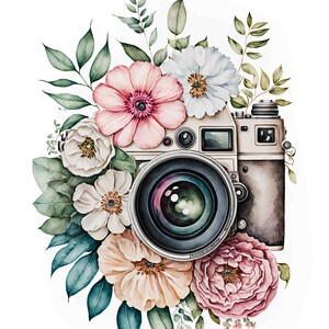 Aquarell Floral Kamera Digital Art Print / Sofortiger Download druckbare Kunst Kommerzielle Nutzung