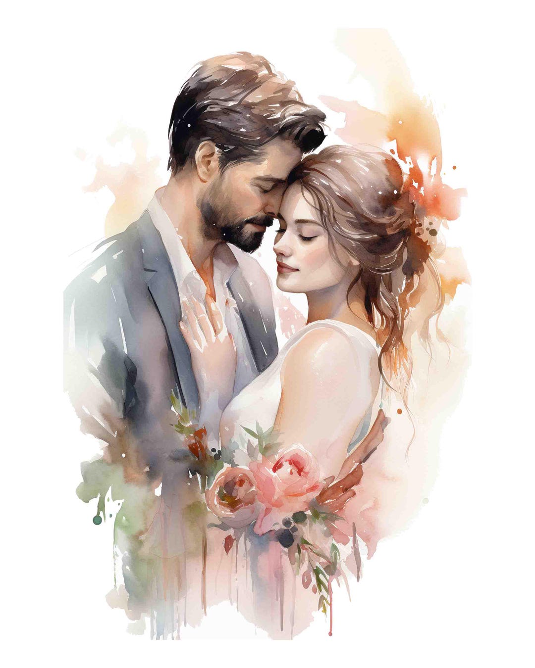 Watercolor Bride and Groom Portrait, Wedding Digital Art Print ...