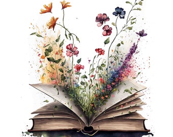 May include: An open book with colorful flowers growing from its pages. The book is surrounded by watercolor splatters in shades of pink, purple, and blue.