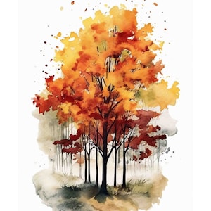 Watercolor Autumn Forest Vignette, Fall Nature Digital Art Print / Instant Download Printable ArtCommercial Use