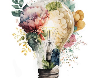 Pode incluir: Uma pintura em aquarela de uma lâmpada com flores dentro. A lâmpada é de vidro transparente e as flores são em tons de rosa, amarelo, azul e verde.