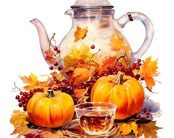 Watercolor Fall Autumn Tea  Digital Art Print / Instant Download Printable ArtCommercial Use