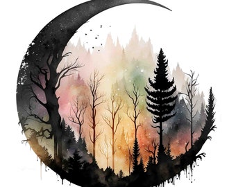 Pode incluir: Uma pintura em aquarela de uma lua crescente com um céu estrelado dentro. A lua está cheia de uma silhueta de uma floresta com árvores e um céu estrelado. A pintura tem um esquema de cores azul escuro, roxo, laranja e amarelo.