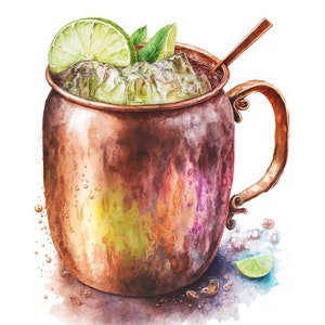 Watercolor Moscow Mule Cocktail Digital Art Print / Instant Download Printable Art Commercial Use