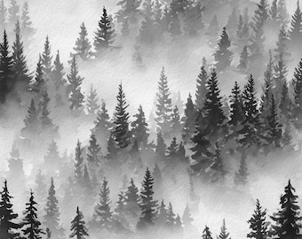 Watercolor Foggy Forest Digital Art Print / Instant Download Printable Art Commercial Use