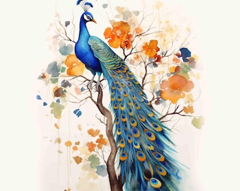 Watercolor Peacock Digital Art Print / Instant Download Printable Art Commercial Use