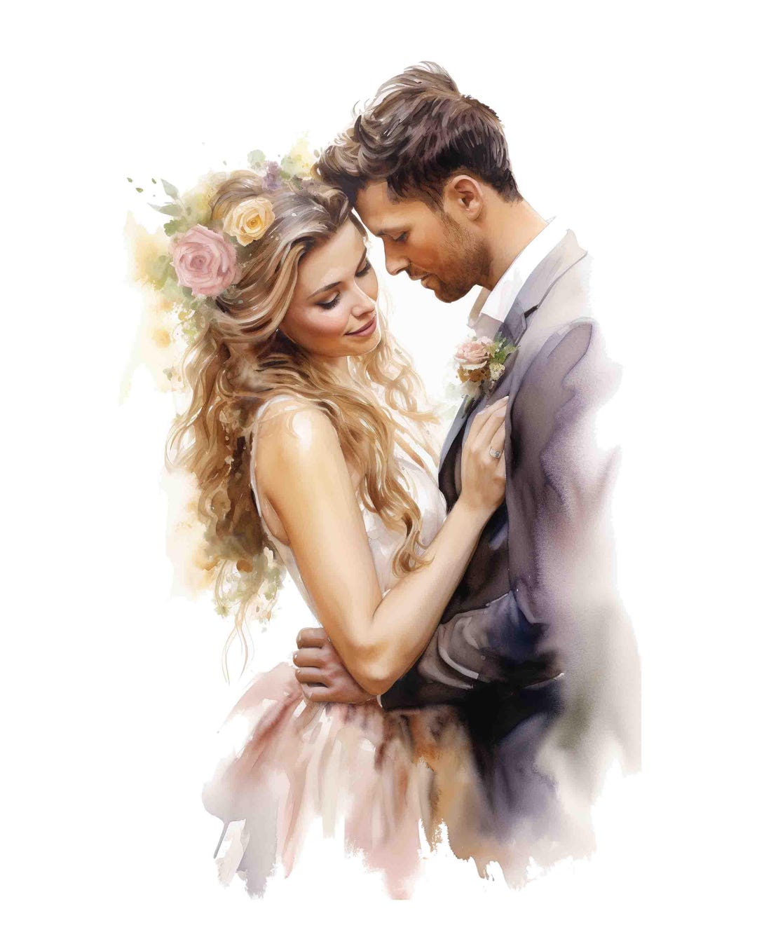 Watercolor Bride and Groom Portrait, Wedding Digital Art Print ...