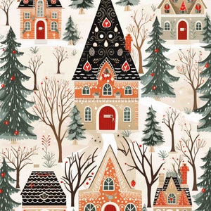 Watercolor Folk Art Winter Village, Digital Art Print / Instant Download Printable ArtCommercial Use