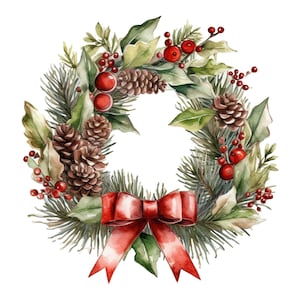 Watercolor Christmas Wreath, Winter Holiday Digital Art Print / Instant Download Printable Art Commercial Use