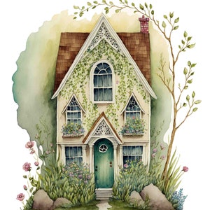 Watercolor Country Cottage Digital Art Print / Instant Download Printable ArtCommercial Use