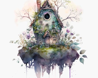 May include: A watercolor painting of a whimsical, green, moss-covered house with a small door and windows. The house is perched on a floating island with purple flowers and green leaves. The background is a soft, watercolor wash of pink and blue.