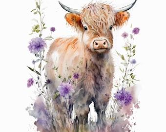 Watercolor Highland Cow Art Print, Baby Cow with Flowers (Digital Download)