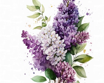 Watercolor Lilac Bouquet Print, Floral Wall Art (Digital Download)