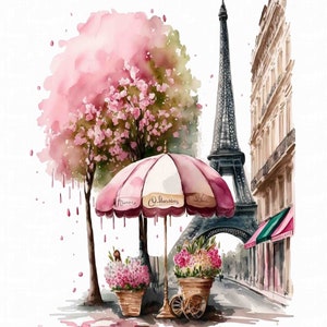 Watercolor Flowers in Paris vignette Digital Art Print / Instant Download Printable ArtCommercial Use